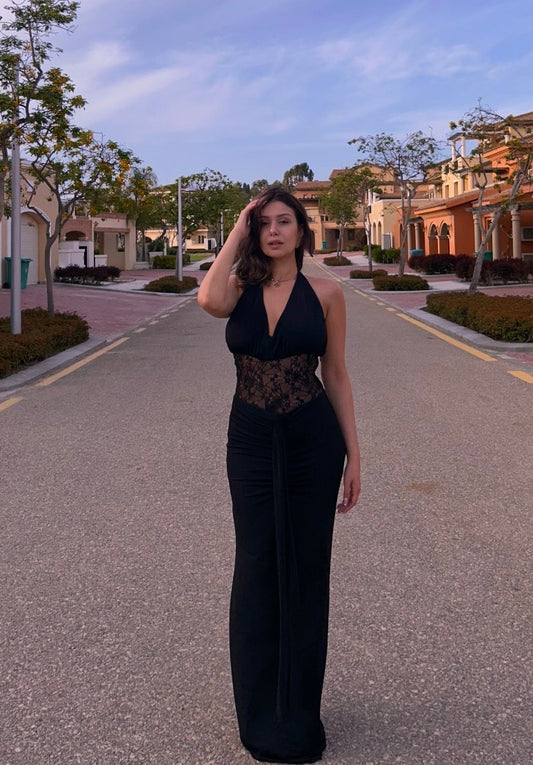 Black Lace Detail Long Dress