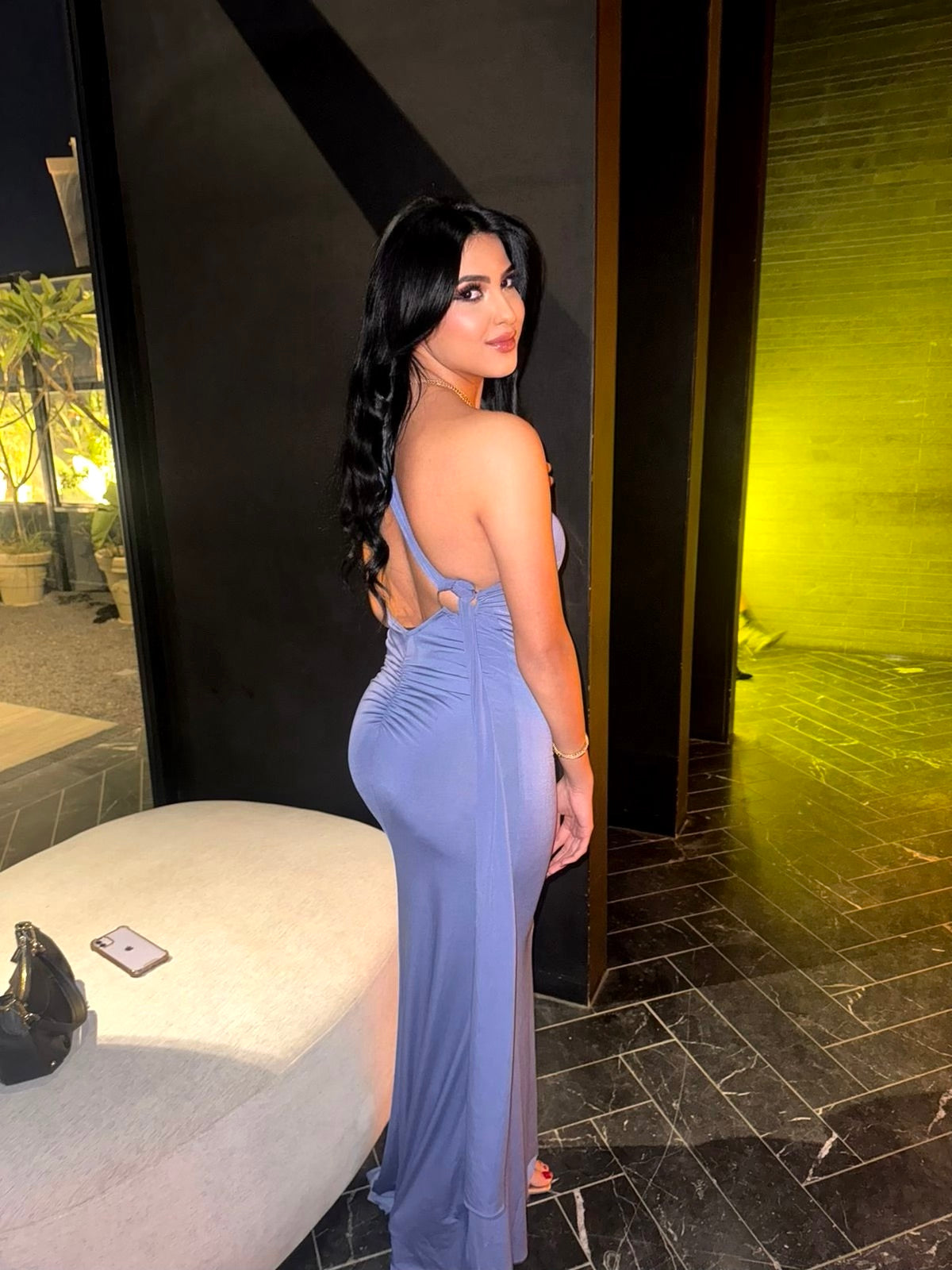 Indigo Back Tie Ring Detail Long Dress