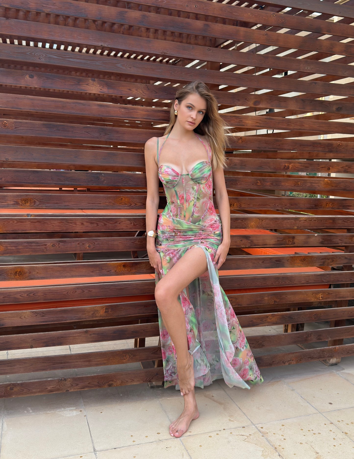 Colorful Digital Printed Tulle Lined Globe Long Dress