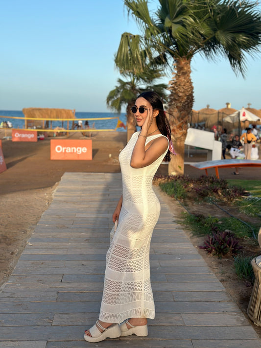 white Back Detailed Ajoured Dress