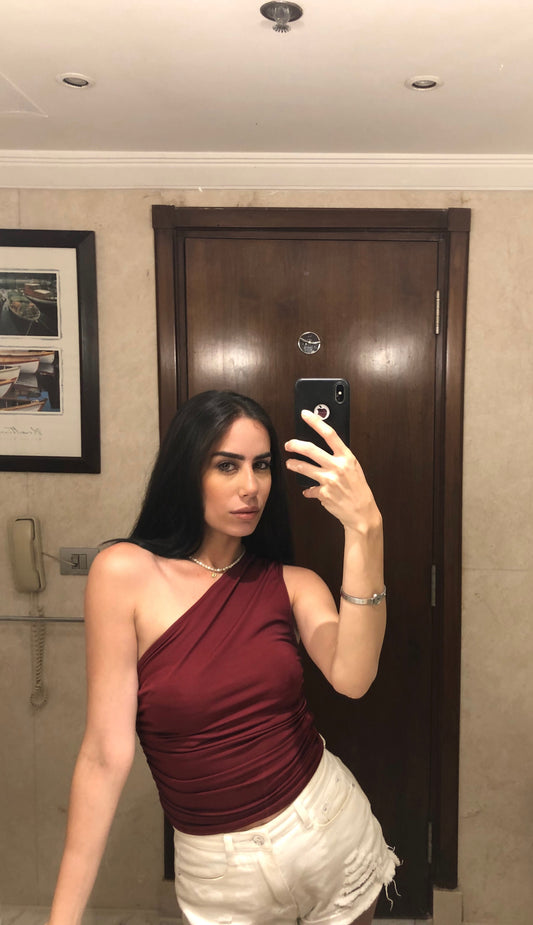 one shoulder Burgundy Strappy Layered Blouse