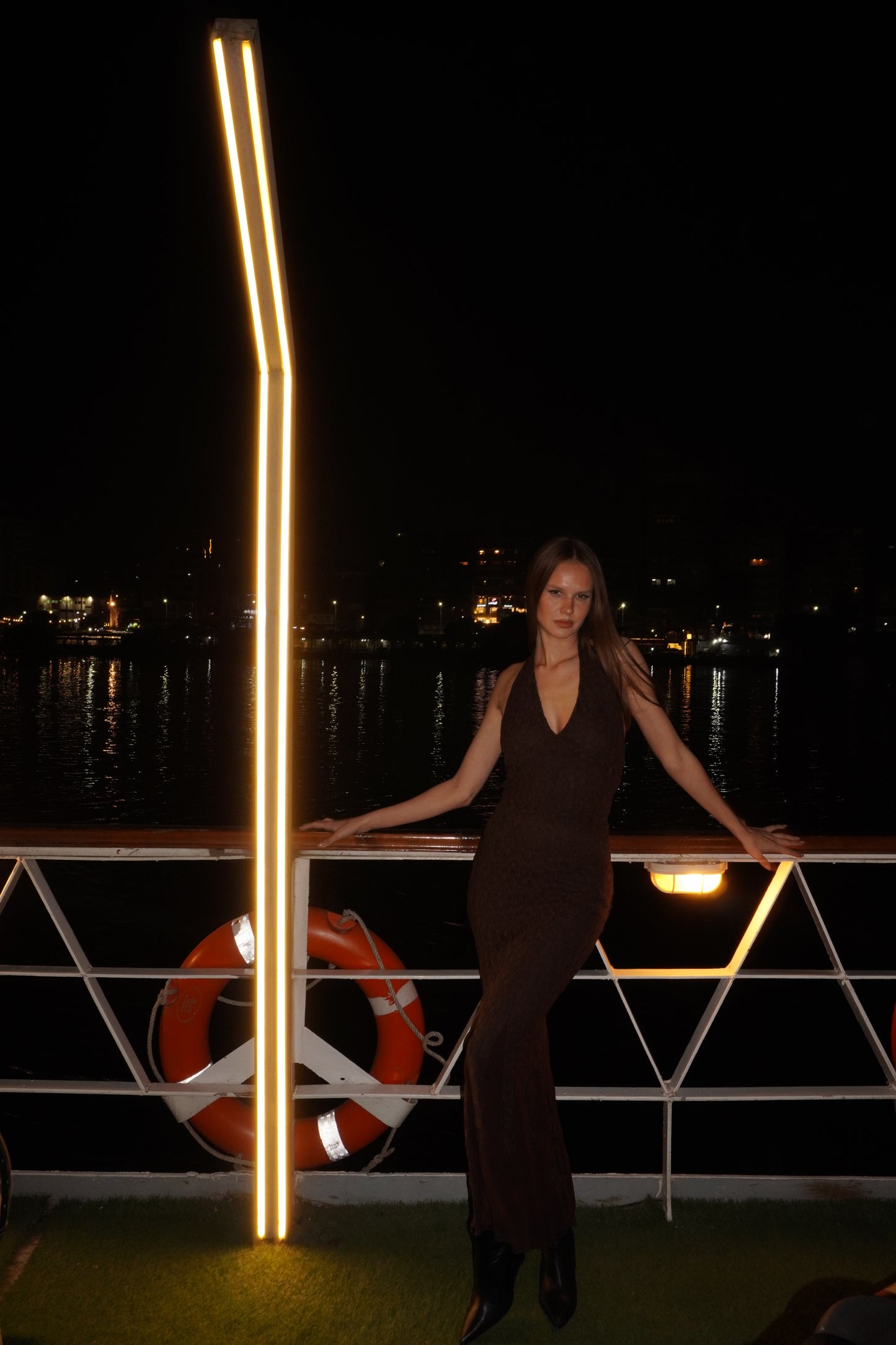 Brown lace low-cut dress