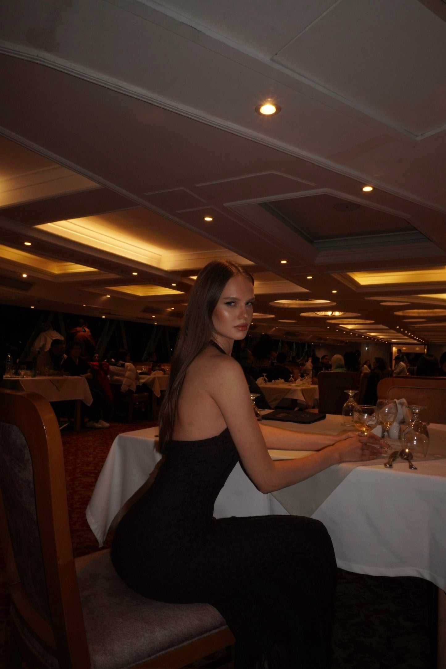 Brown lace low-cut dress