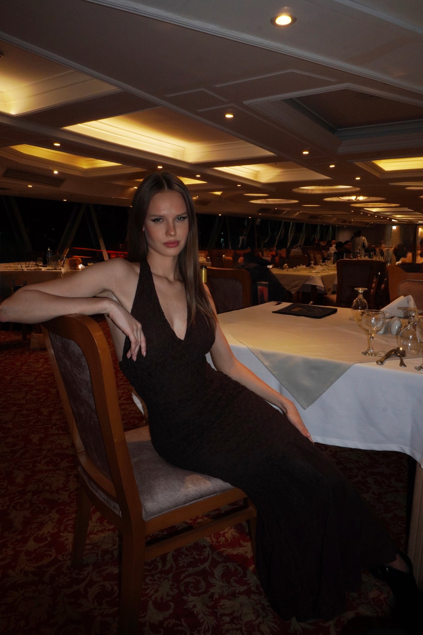 Brown lace low-cut dress