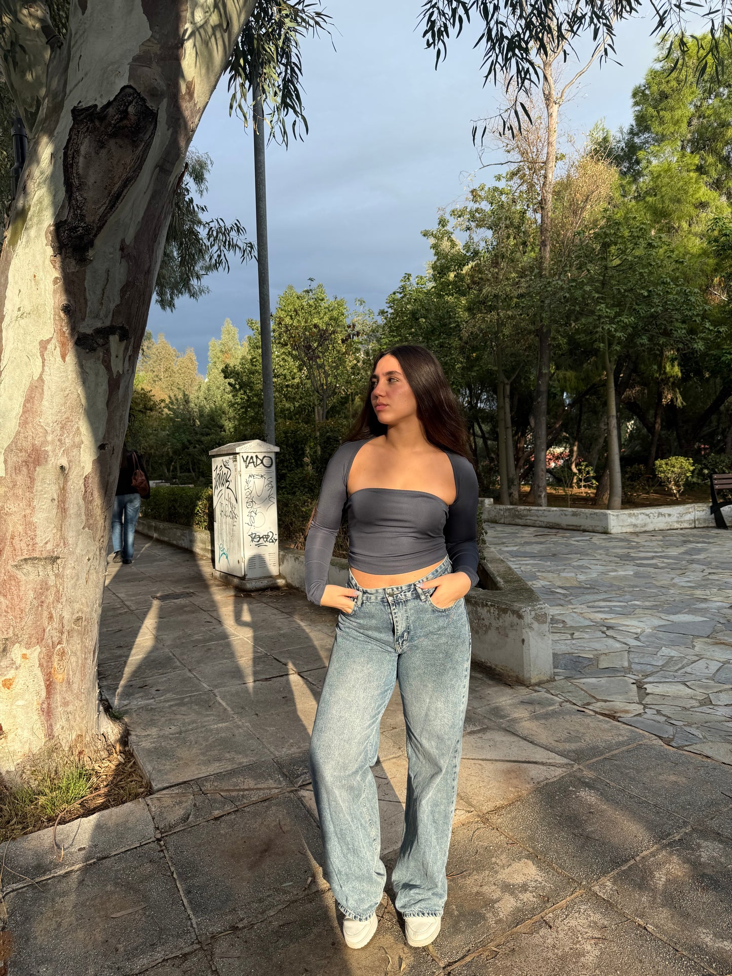 Gray 2 pieces -  Off-shoulder Crop Tops Long Sleeve
