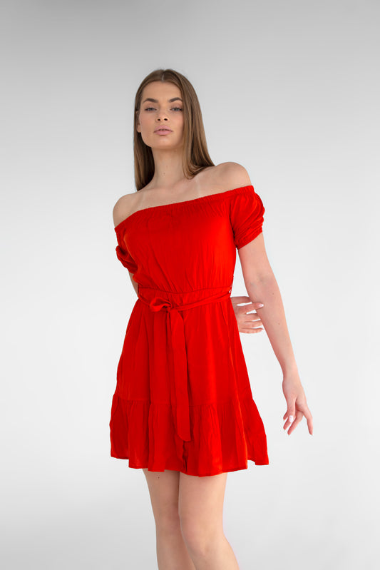 Orange Belted Carmen Collar Dress