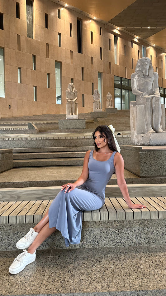 Gray Square Collar Slit Dress