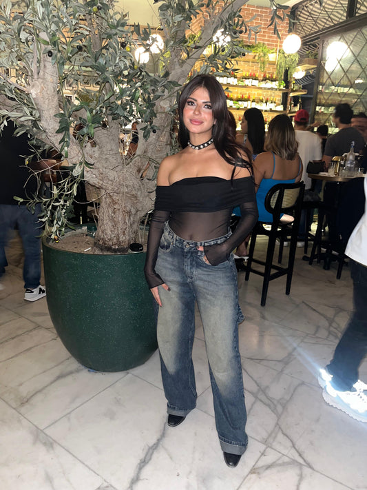 Black Mesh Off Shoulder Top