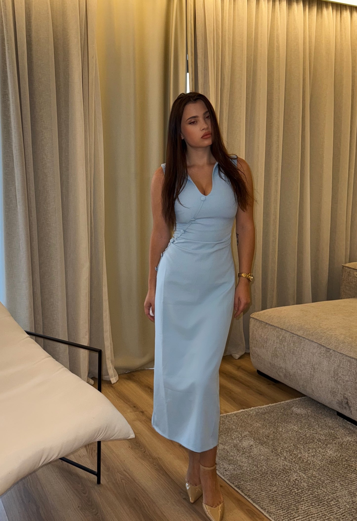 Blue Button Midi Dress