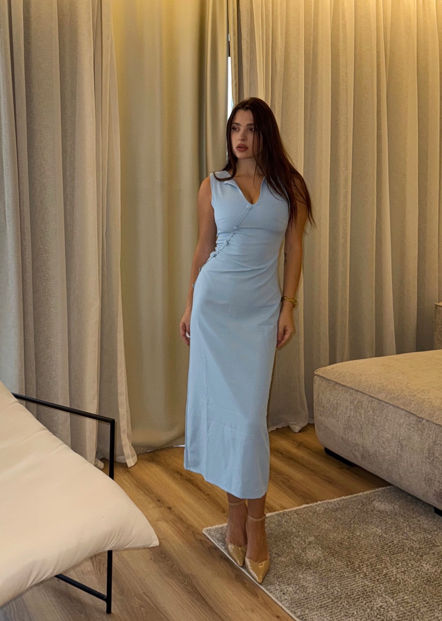 Blue Button Midi Dress