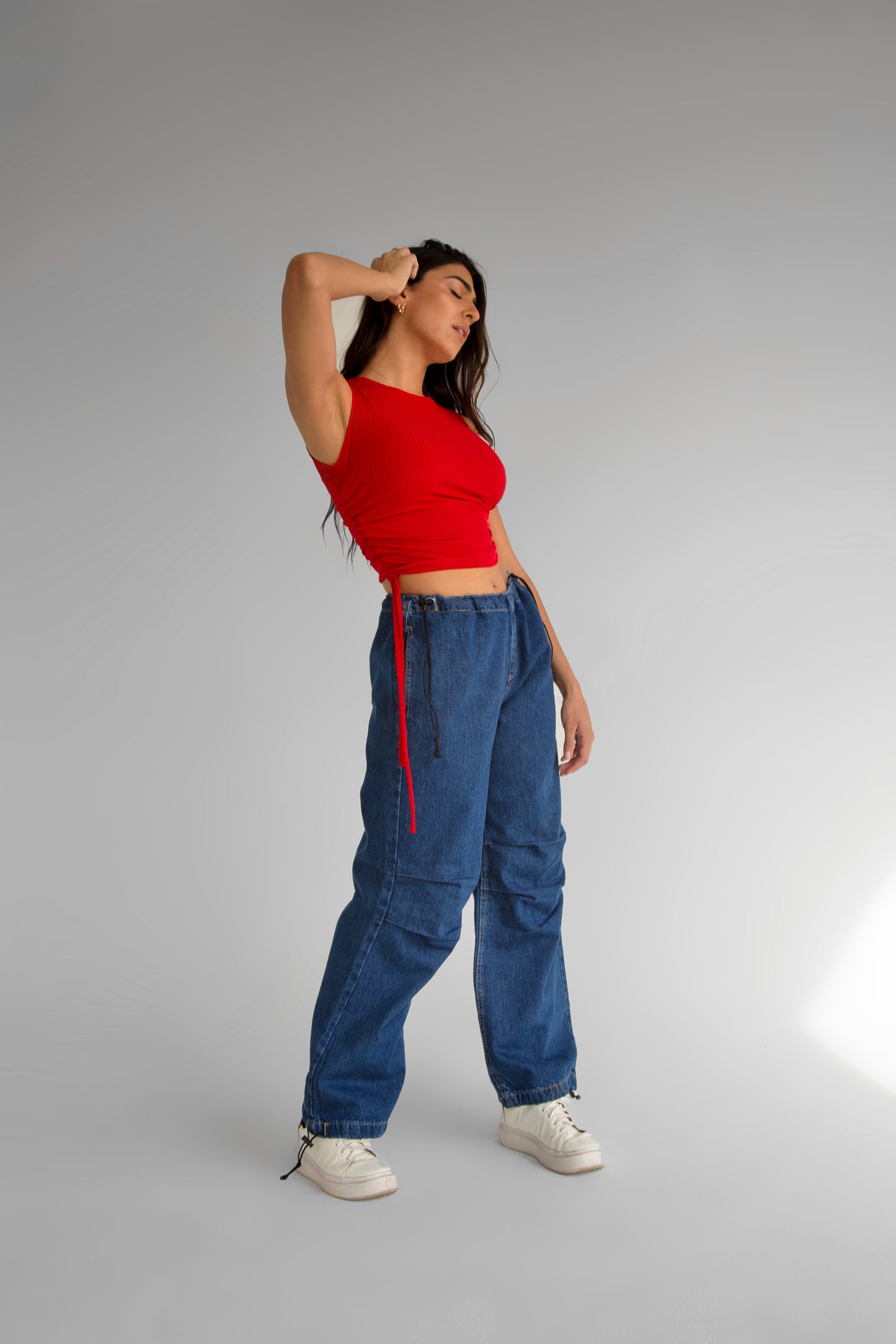 Red RIB SIDE RUCHED CROP TOP - sleeveless