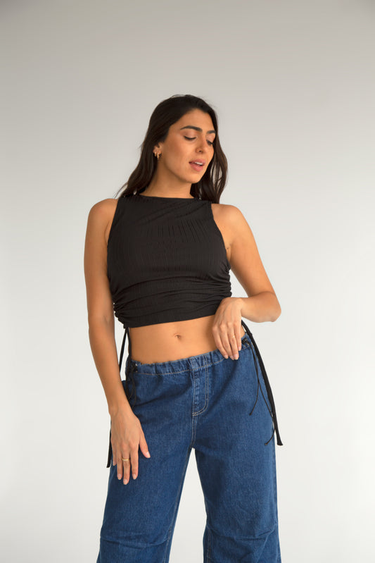 Black RIB SIDE RUCHED CROP TOP - sleeveless