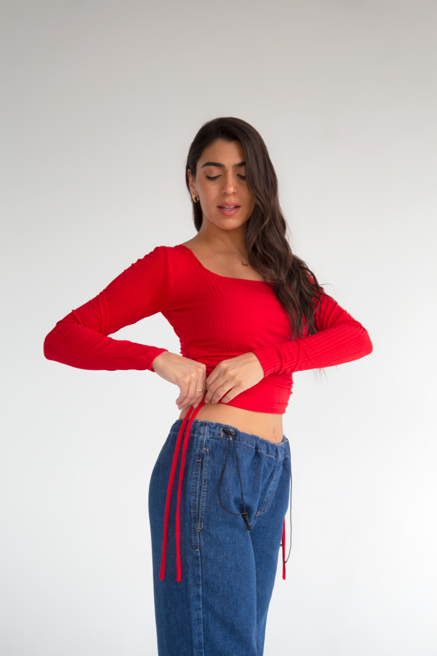 Red RIB SIDE RUCHED CROP TOP - long sleeves