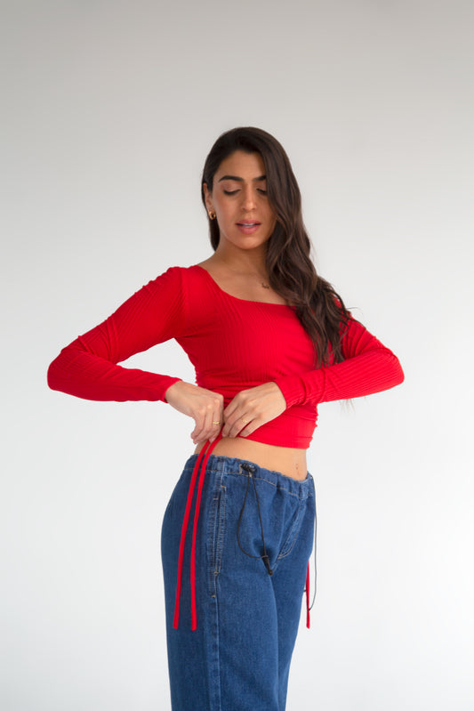 Red RIB SIDE RUCHED CROP TOP - long sleeves