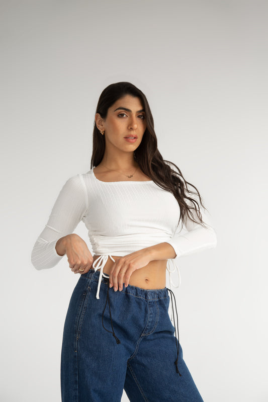 White RIB SIDE RUCHED CROP TOP - long sleeves