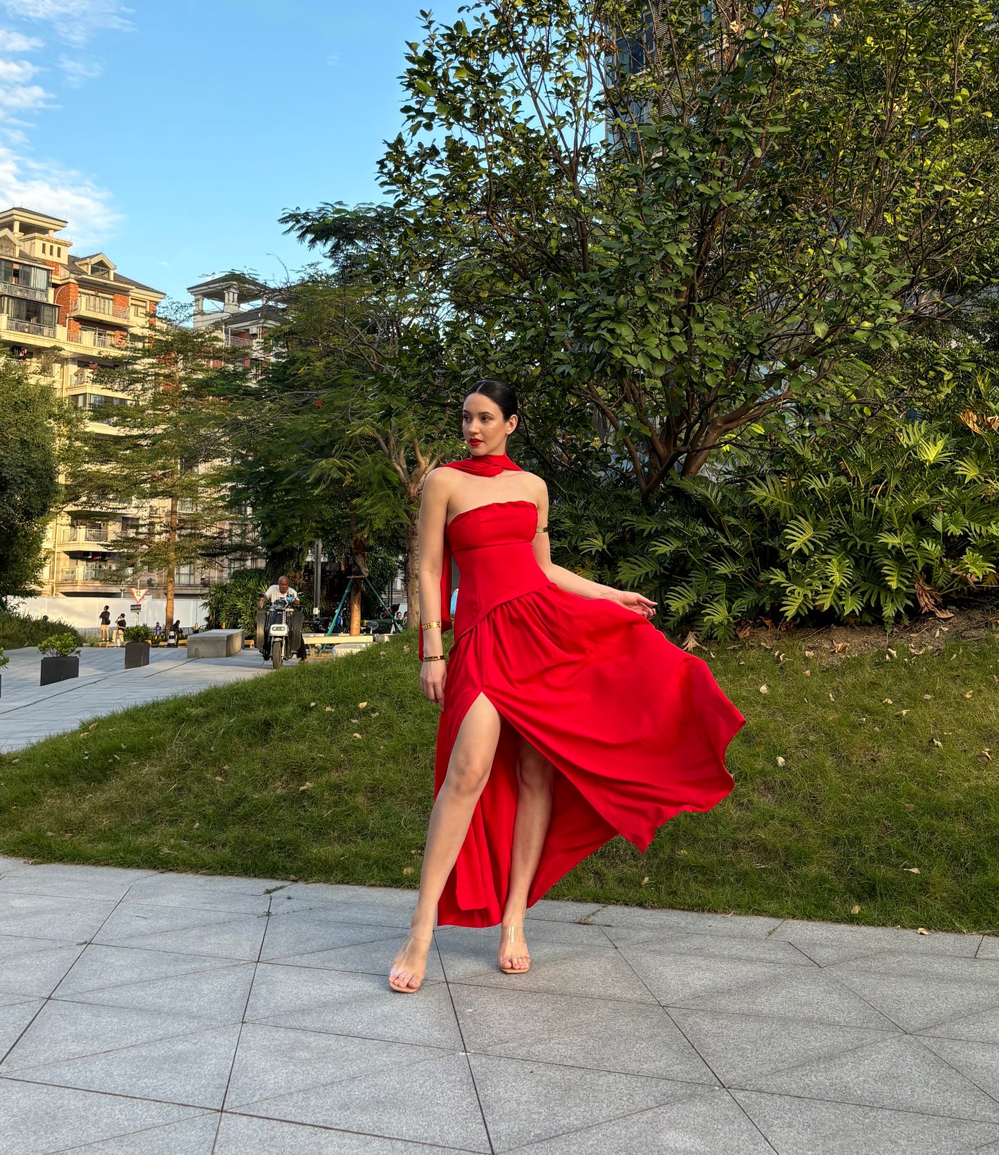 Red Dubai Fabric Shawl Dress