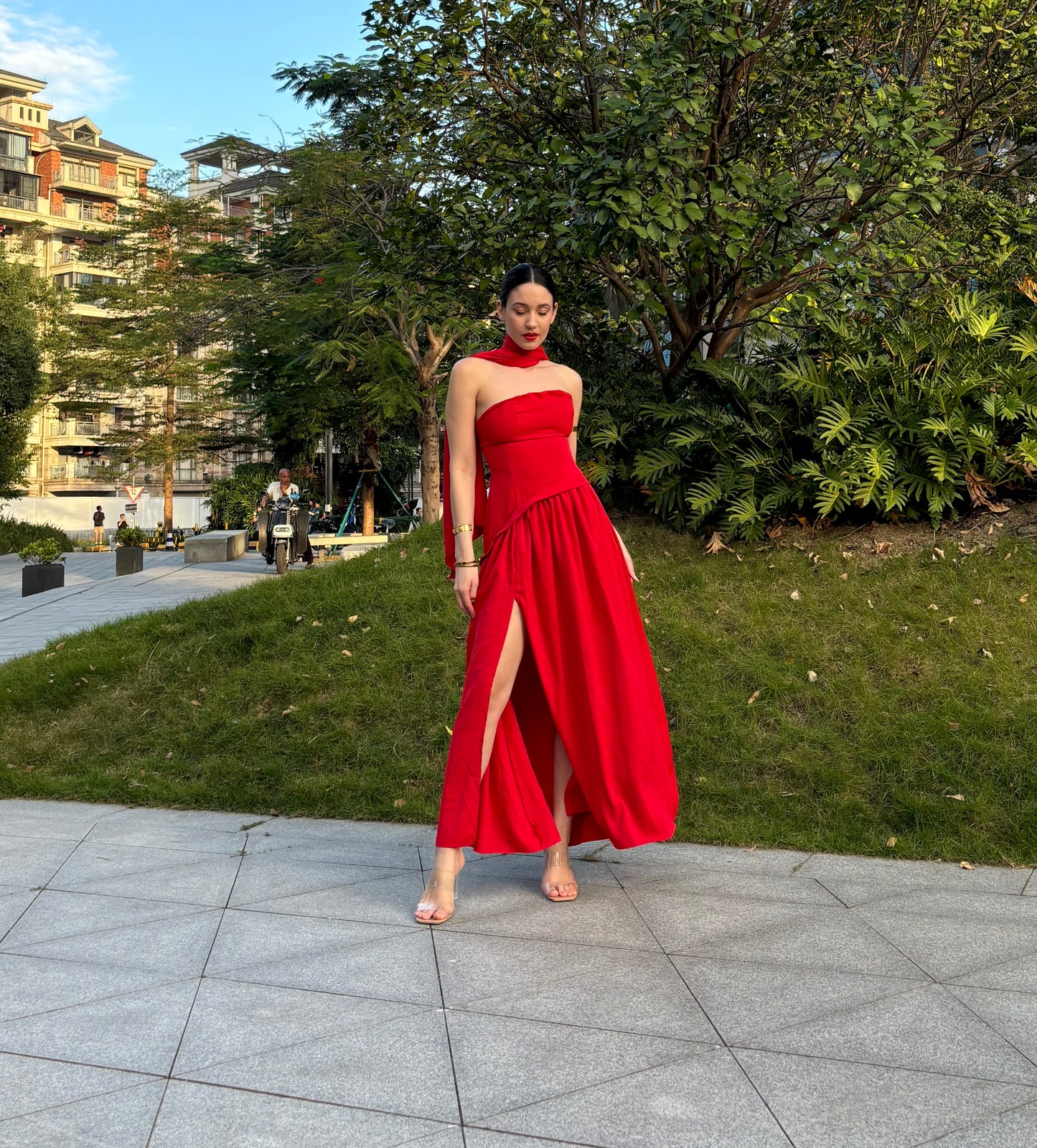 Red Dubai Fabric Shawl Dress