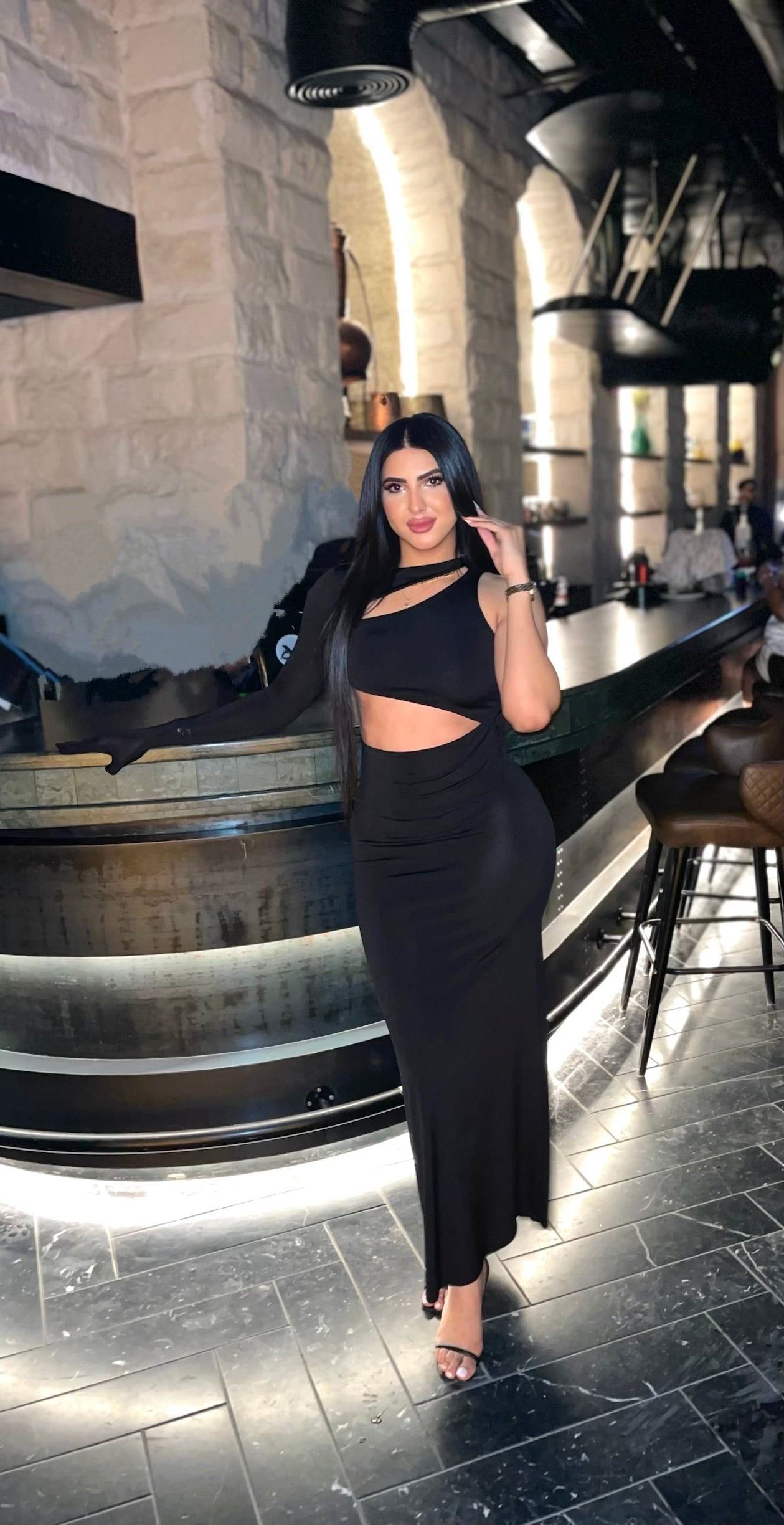 Black Window Detail Gloved Dress