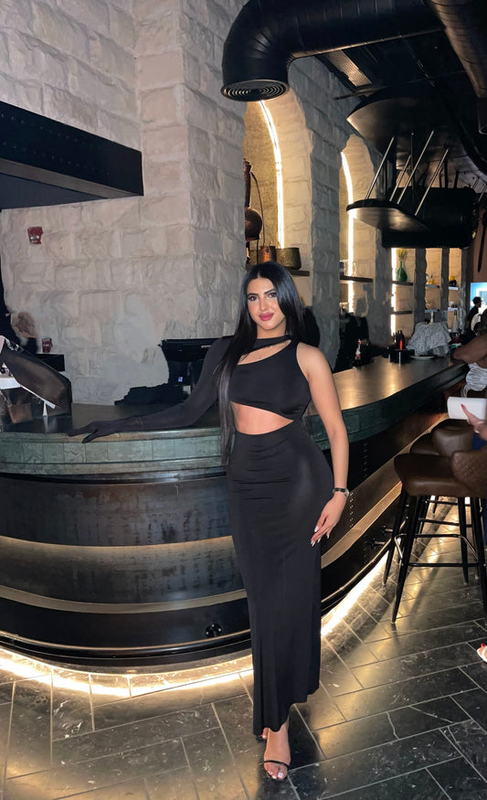 Black Window Detail Gloved Dress