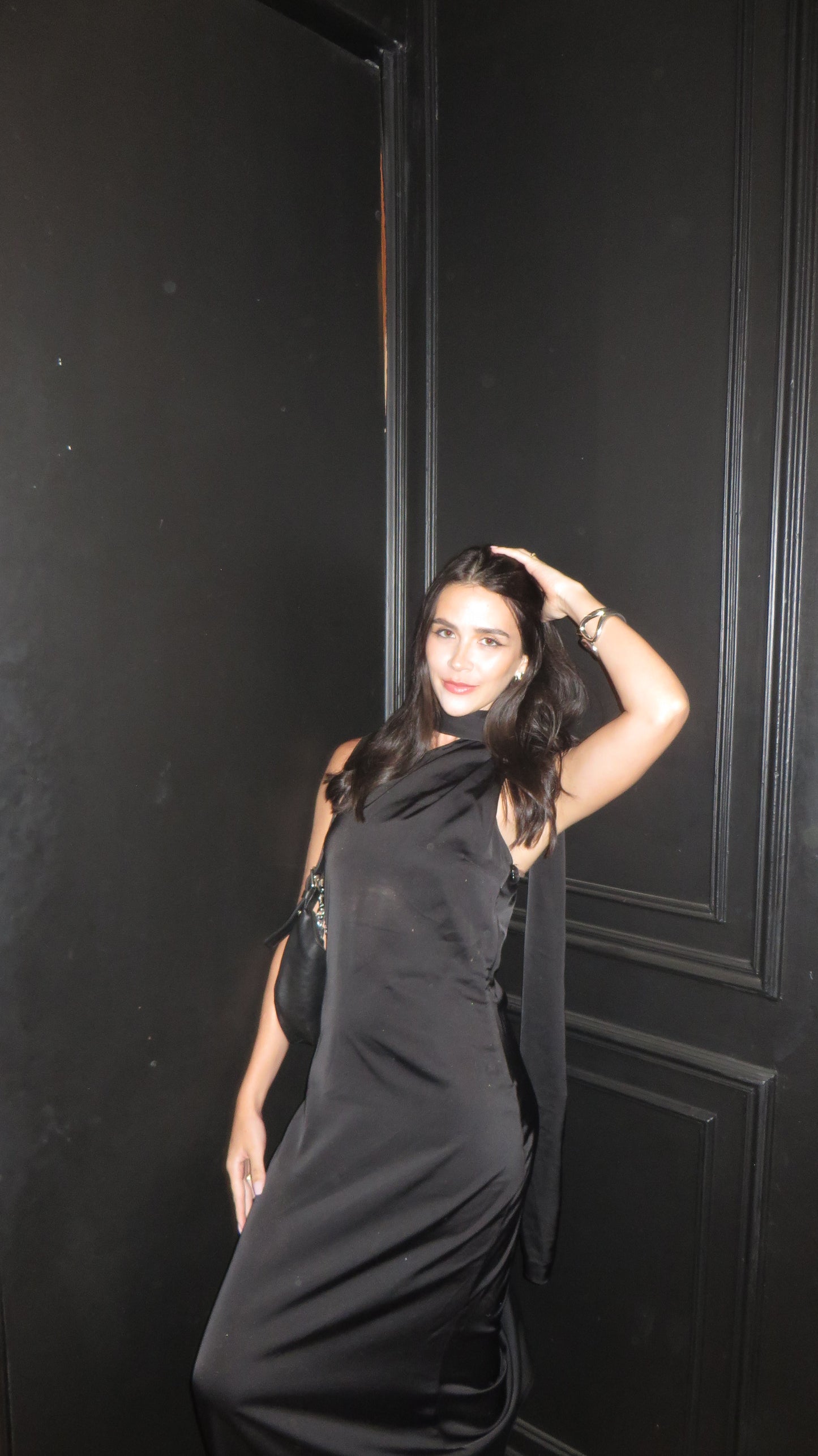 Black satin dress with shawl