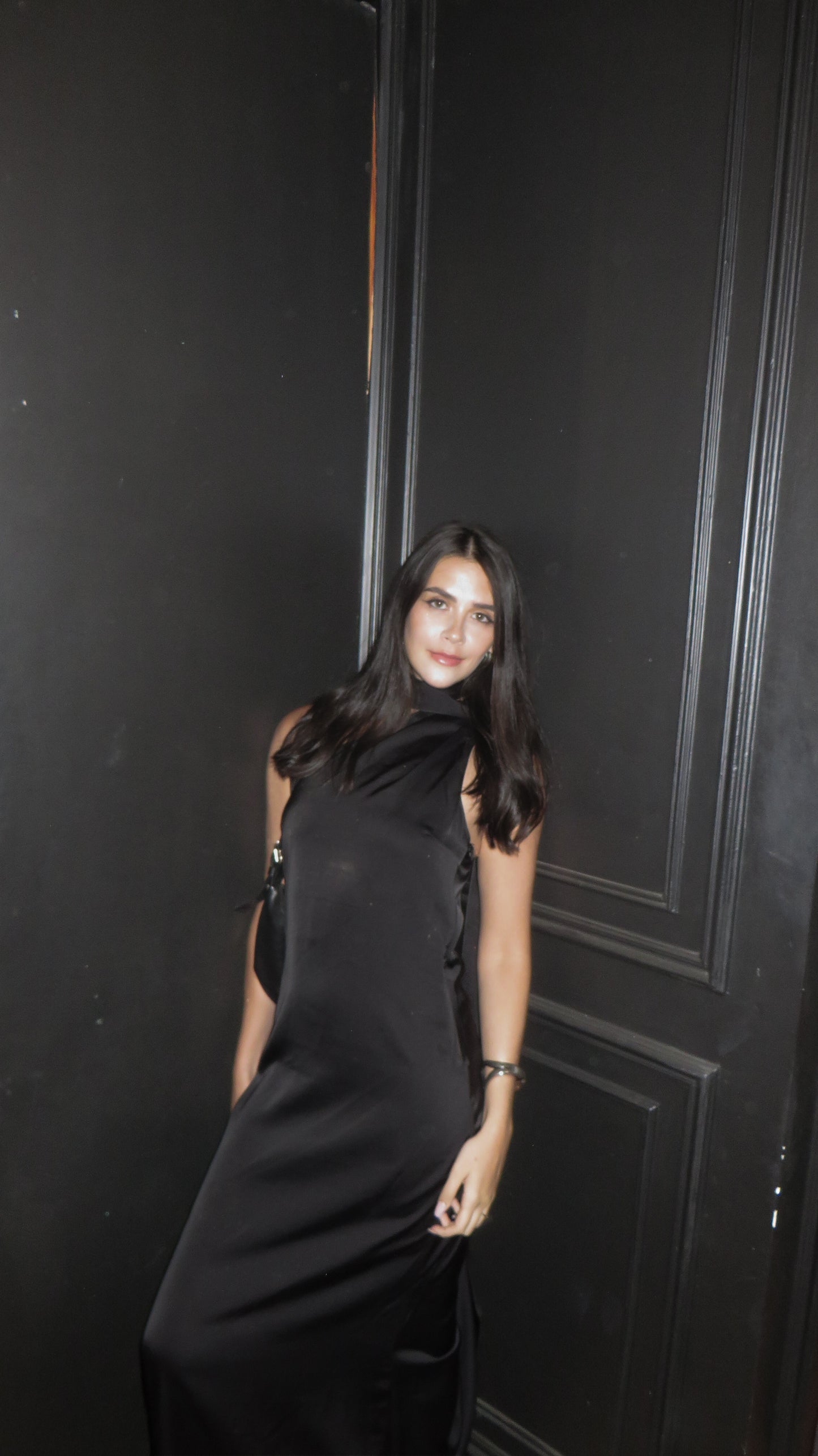 Black satin dress with shawl