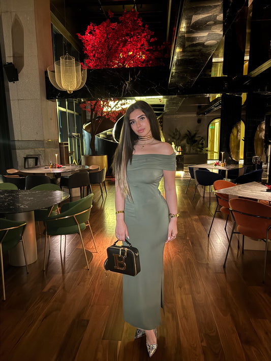 olive off shoulder  Collar Long Dress