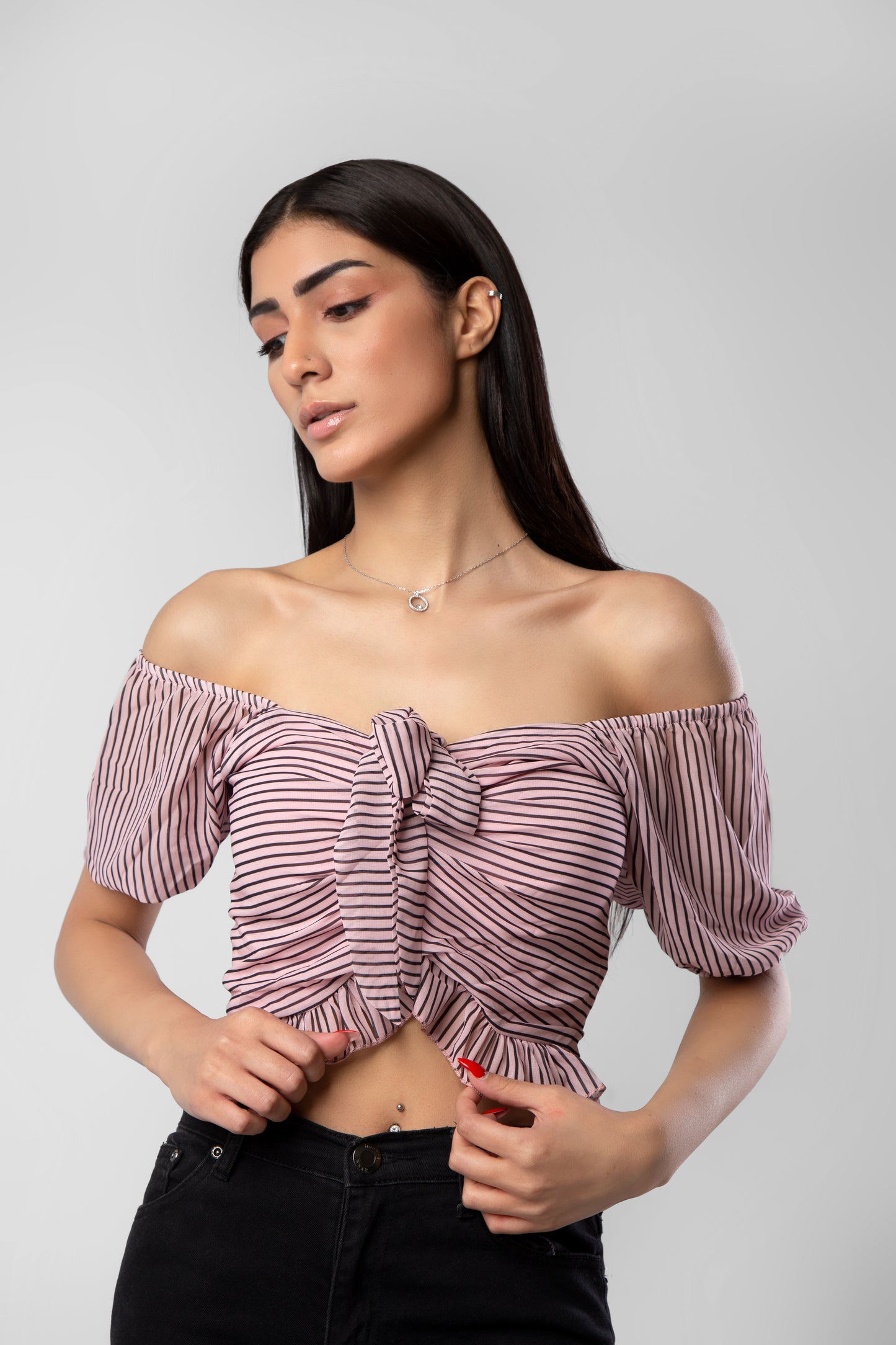 Pink Tie Detailed Crop Woven Blouse