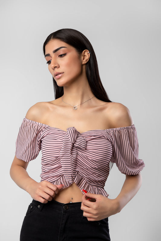 Pink Tie Detailed Crop Woven Blouse