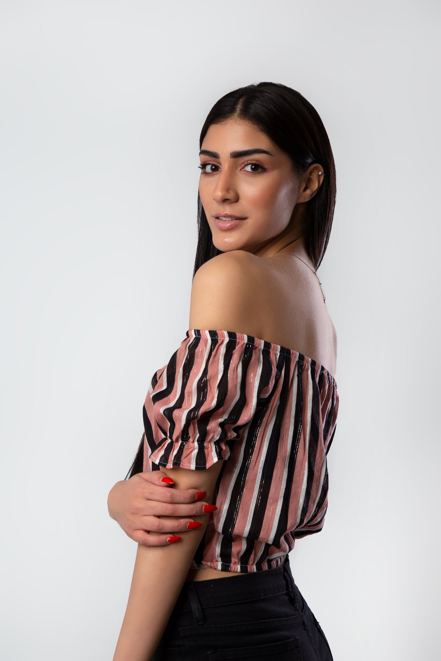 Brown Striped Crop Blouse