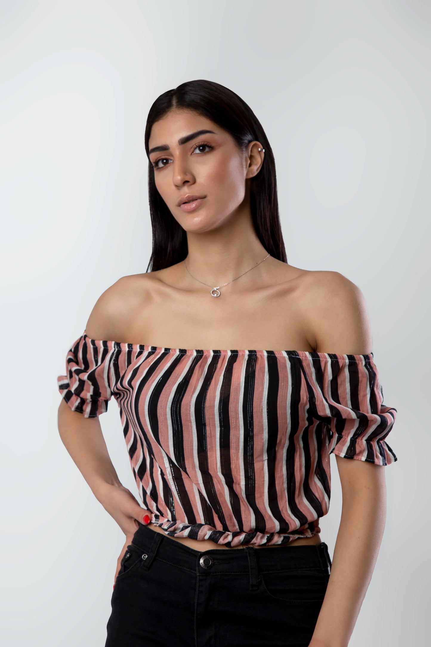 Brown Striped Crop Blouse
