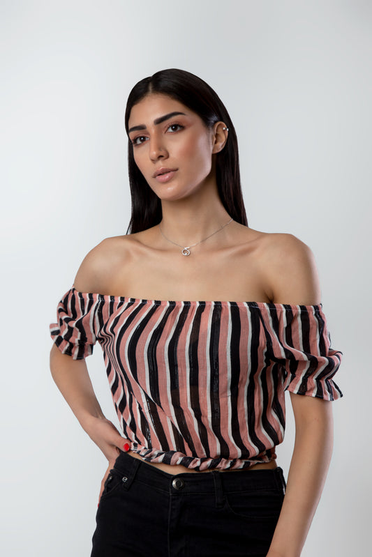 Brown Striped Crop Blouse
