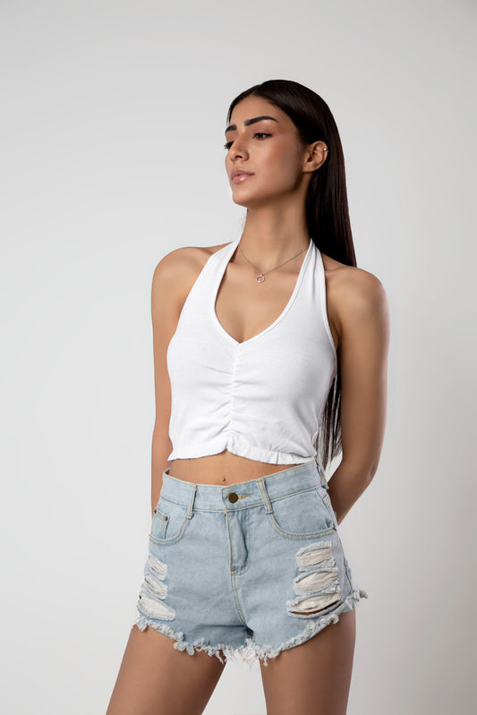 White Ruffle Detailed Knitted Ribbed Blouse