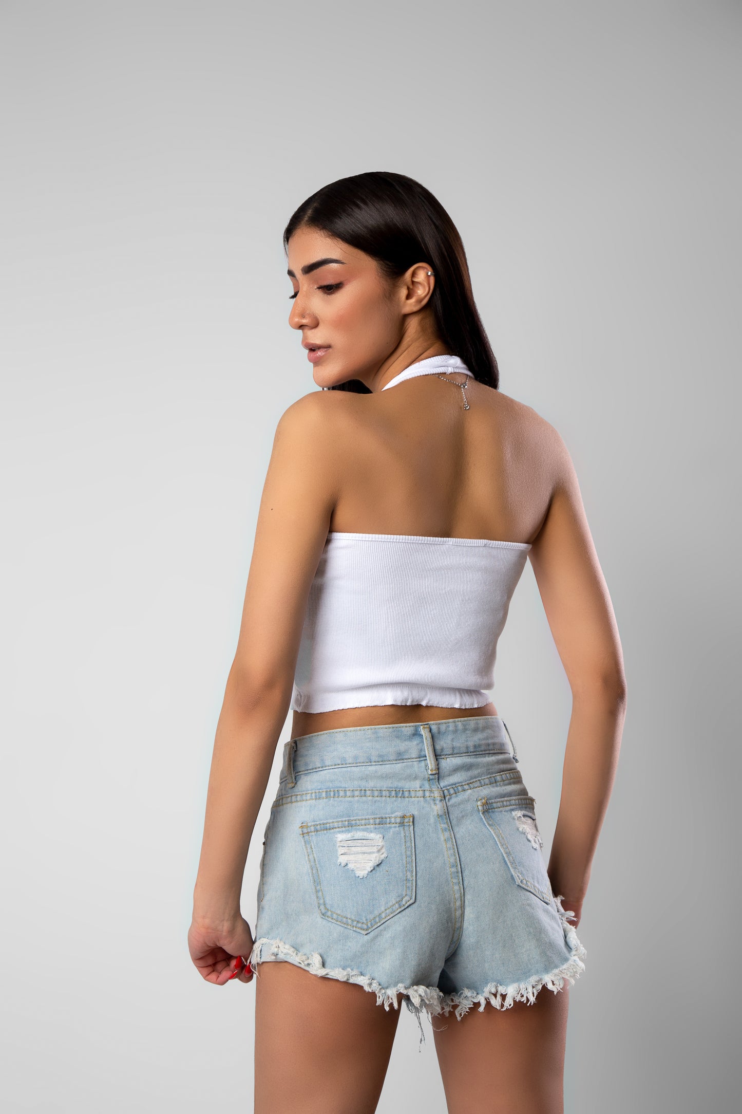 White Ruffle Detailed Knitted Ribbed Blouse
