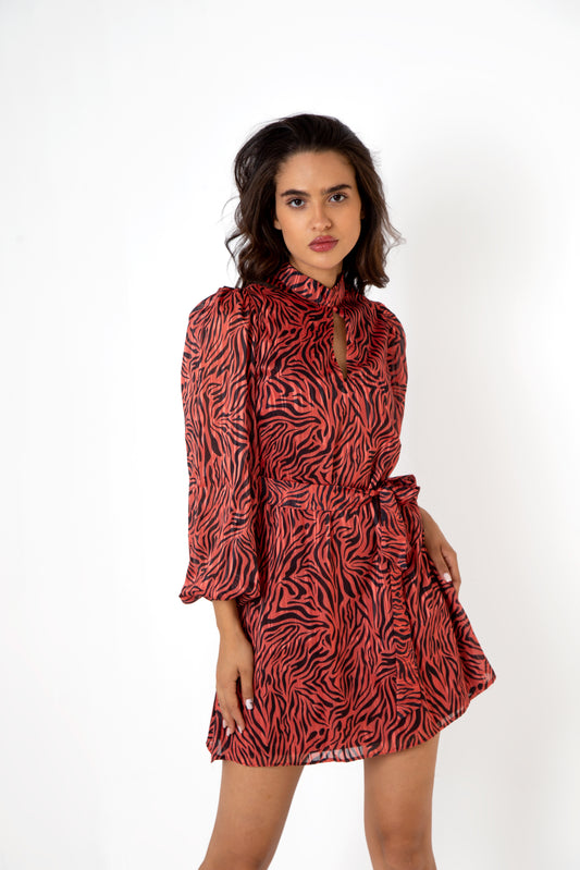 Multicolored Belted Patterned Dress