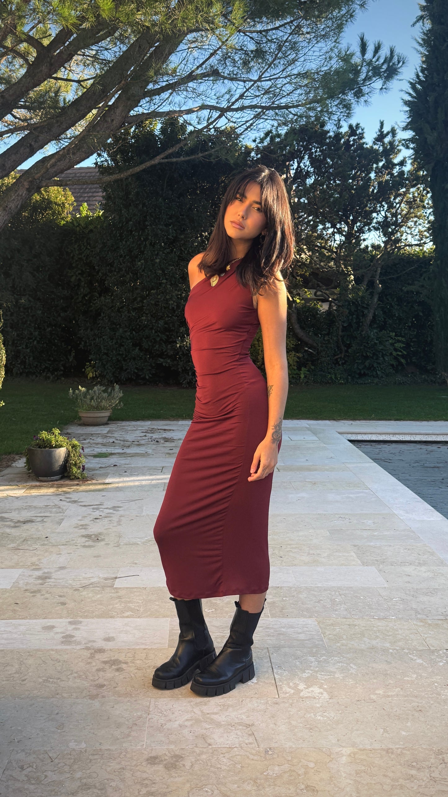 Burgundy one shoulder dress