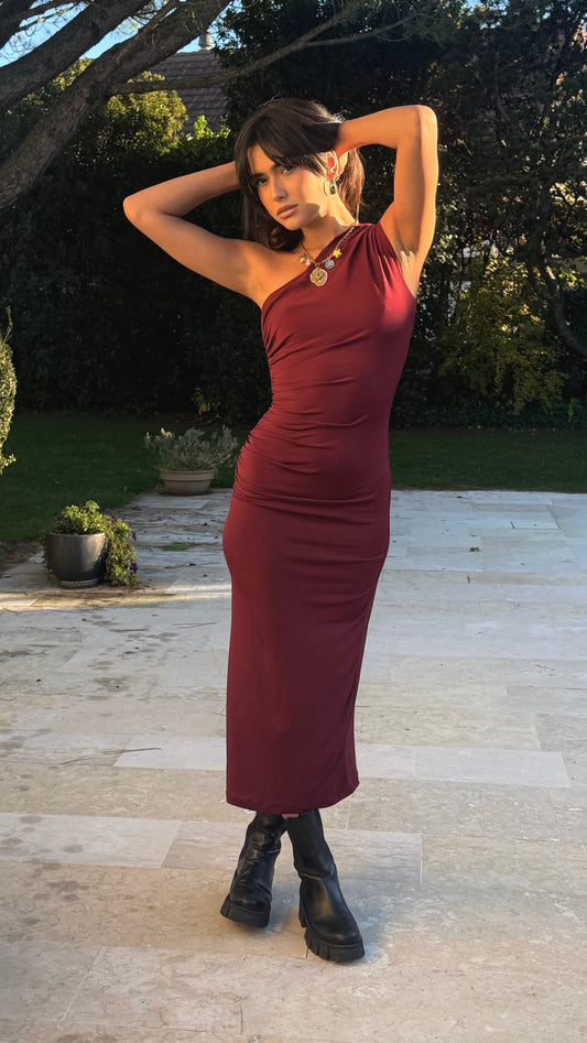 Burgundy one shoulder dress