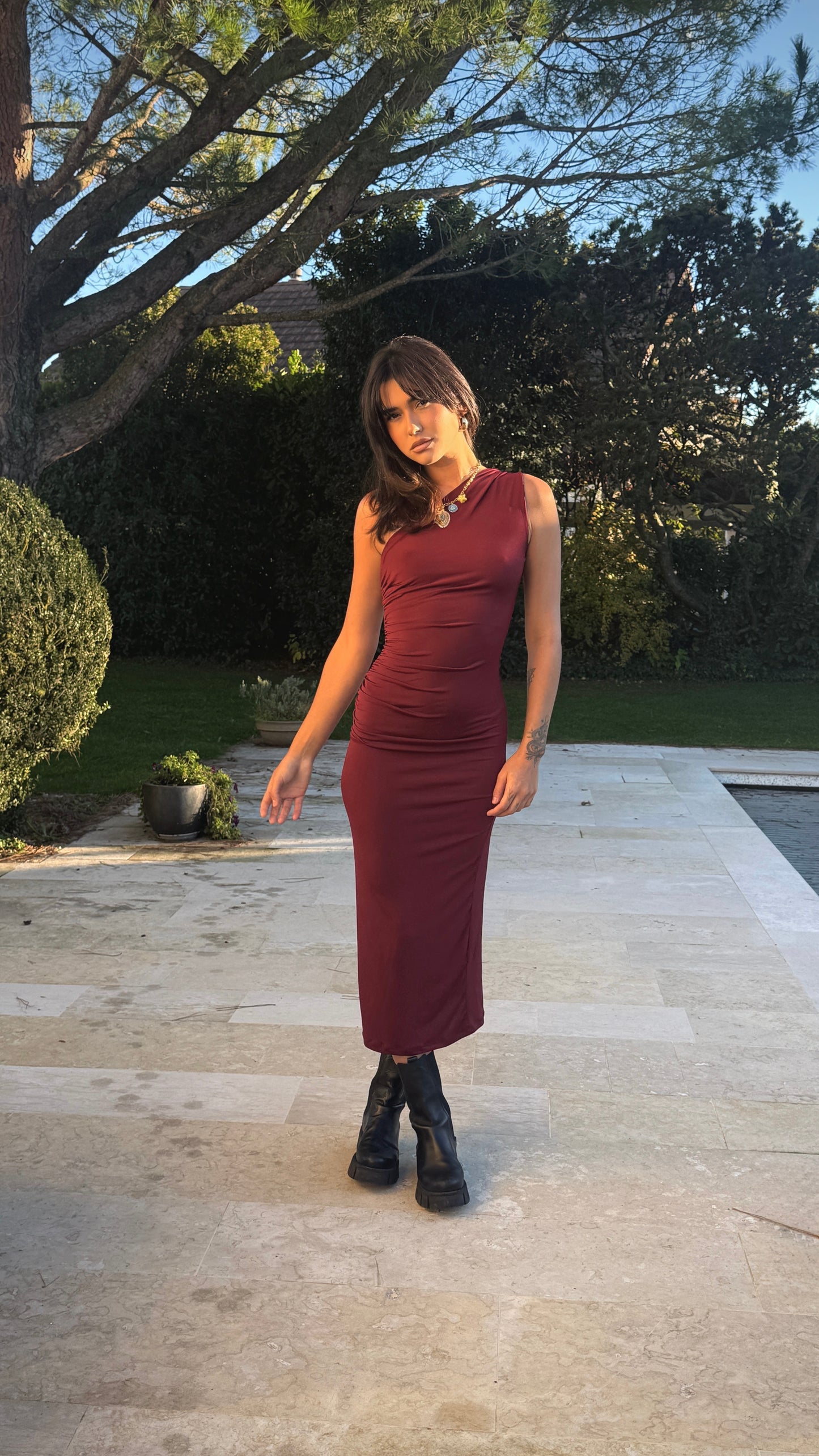 Burgundy one shoulder dress
