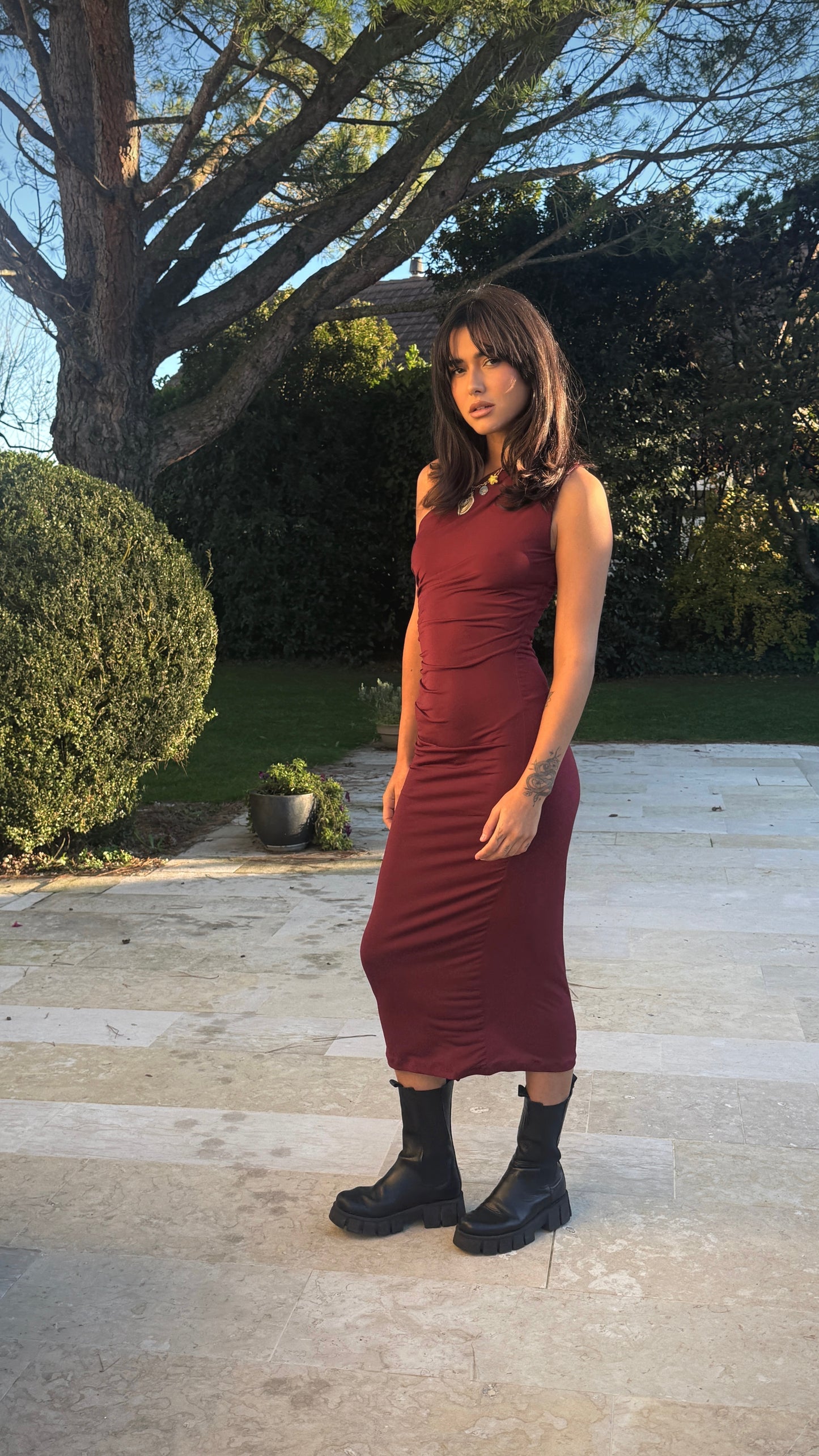 Burgundy one shoulder dress