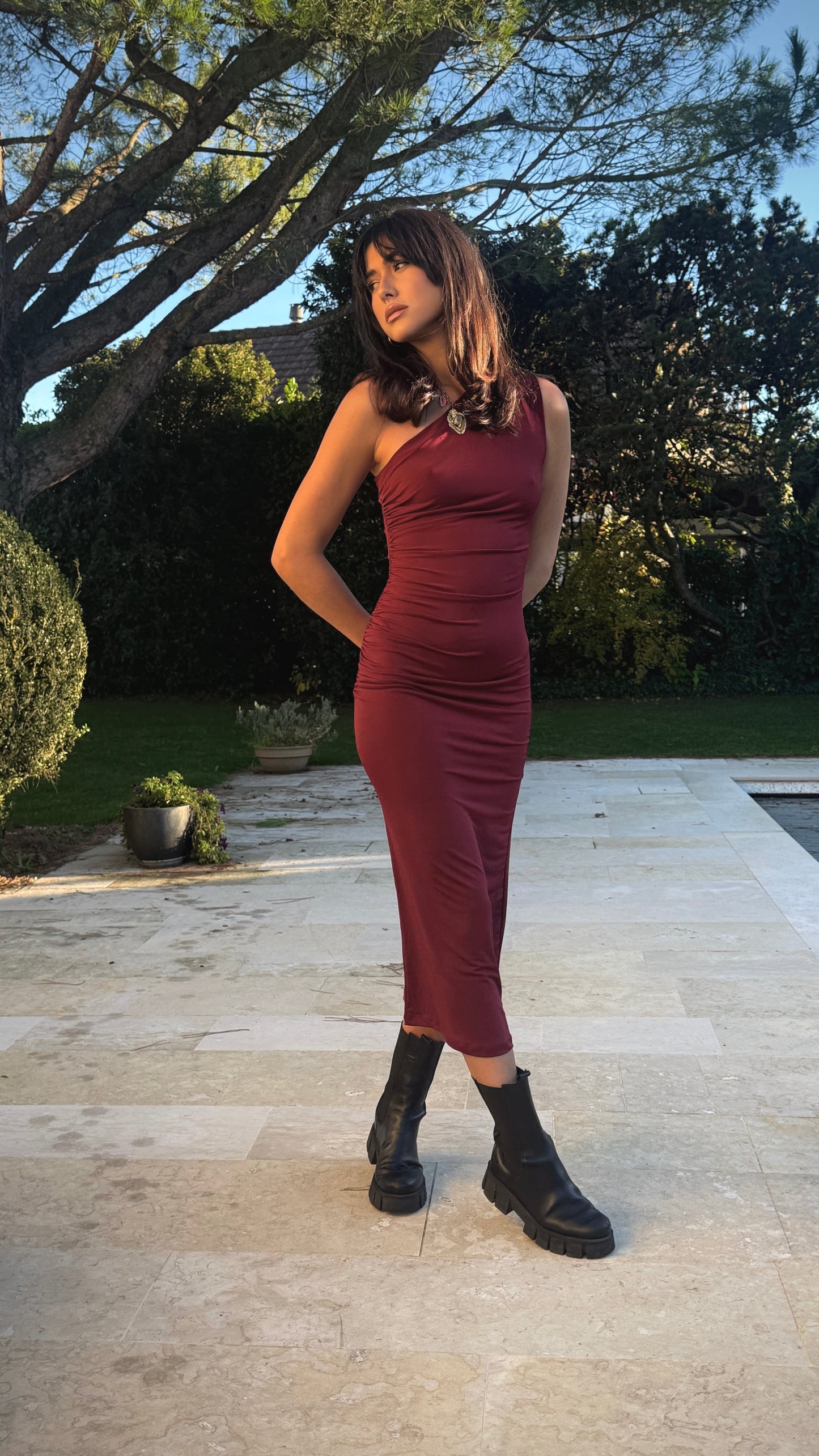 Burgundy one shoulder dress