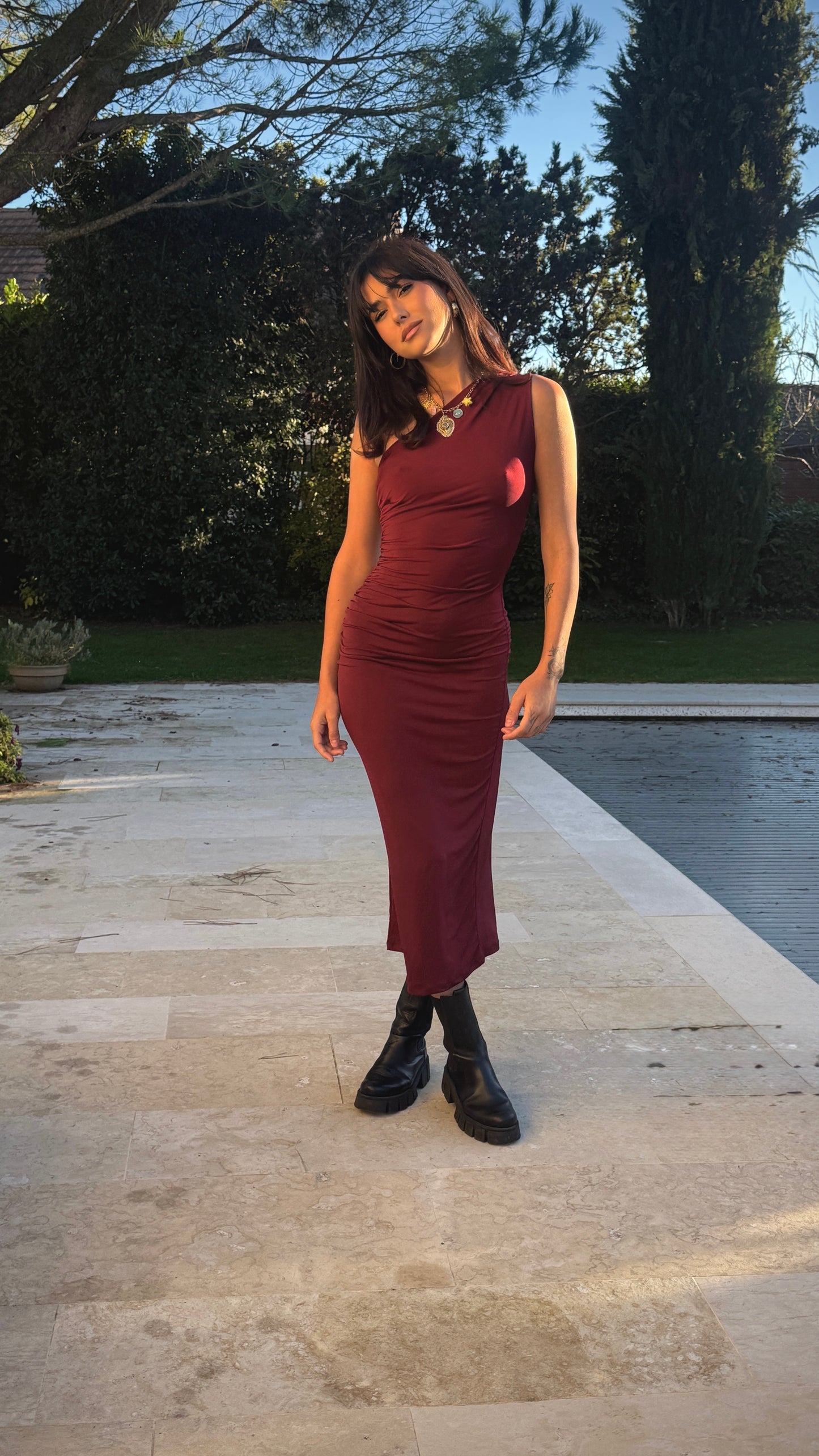 Burgundy one shoulder dress