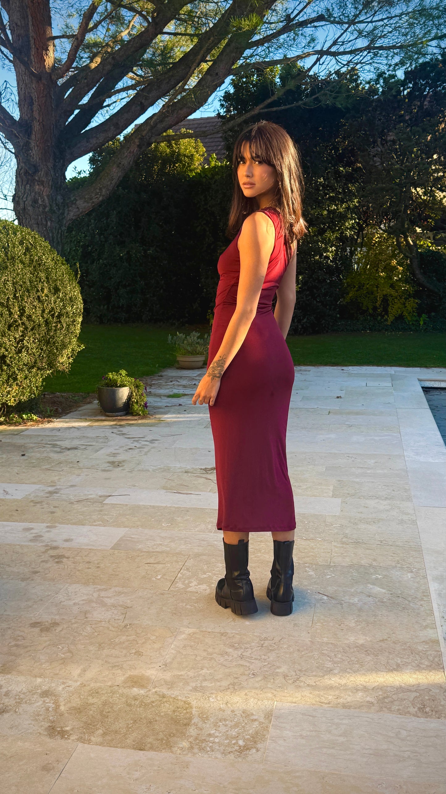 Burgundy one shoulder dress