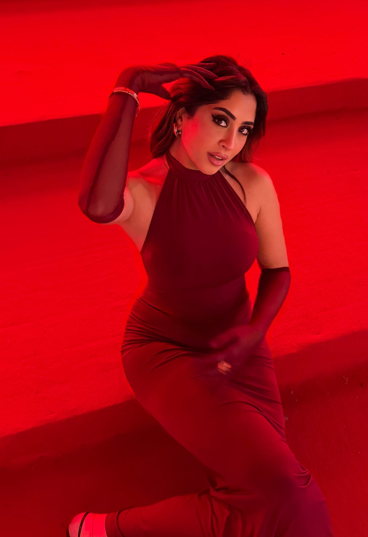 Burgundy SANNDY FABRIC DRESS WITH GLOVES