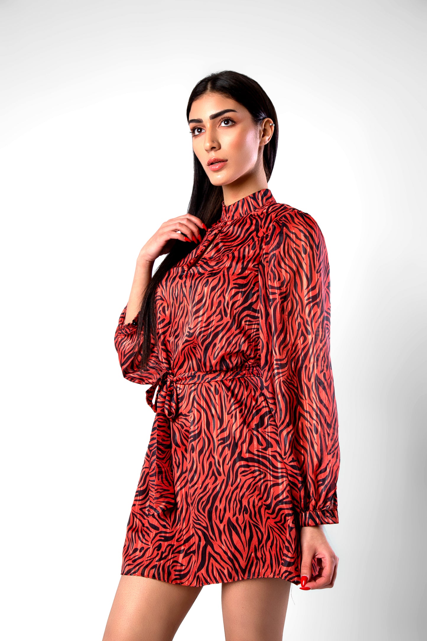 Multicolored Belted Patterned Dress