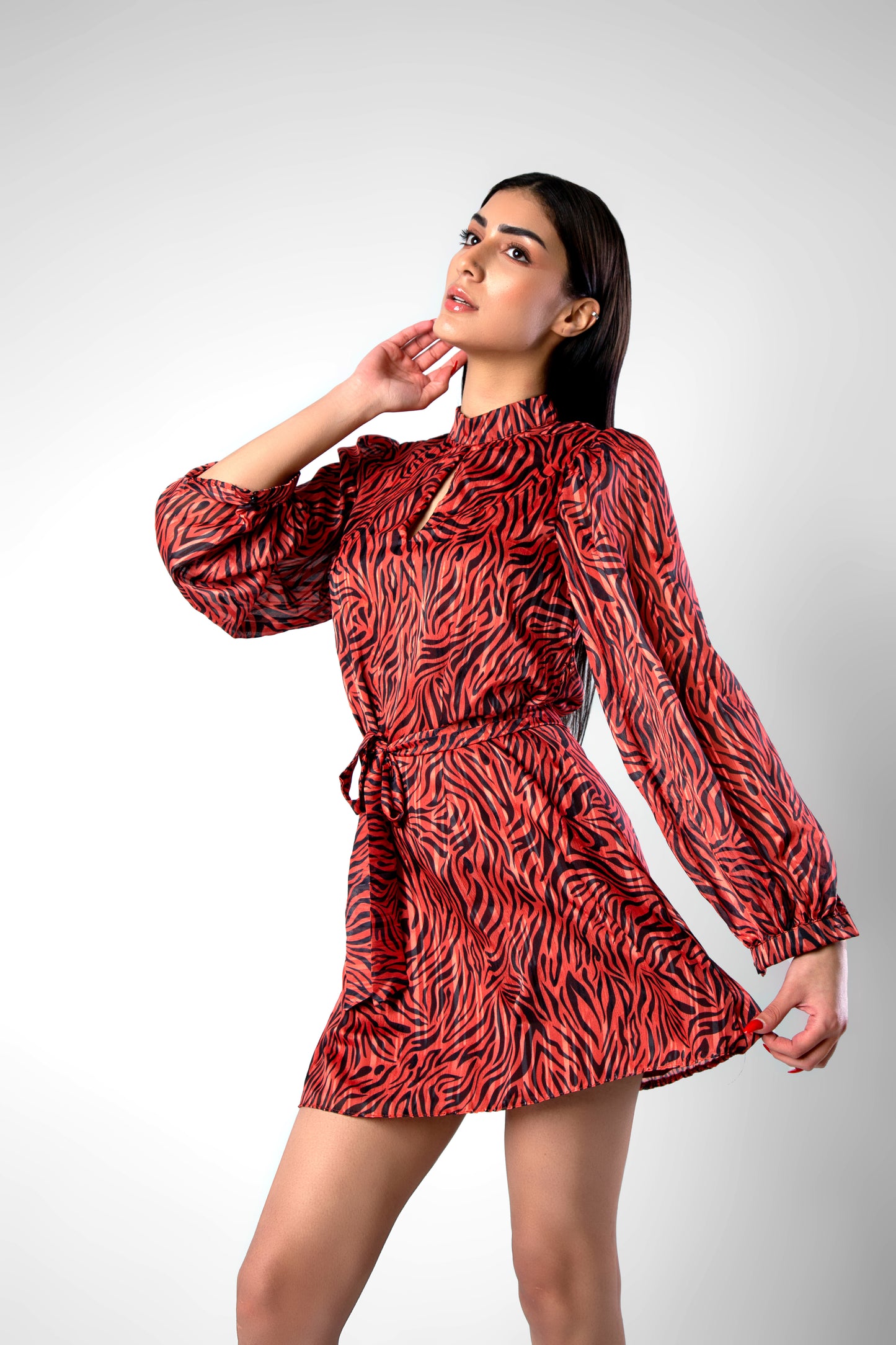 Multicolored Belted Patterned Dress