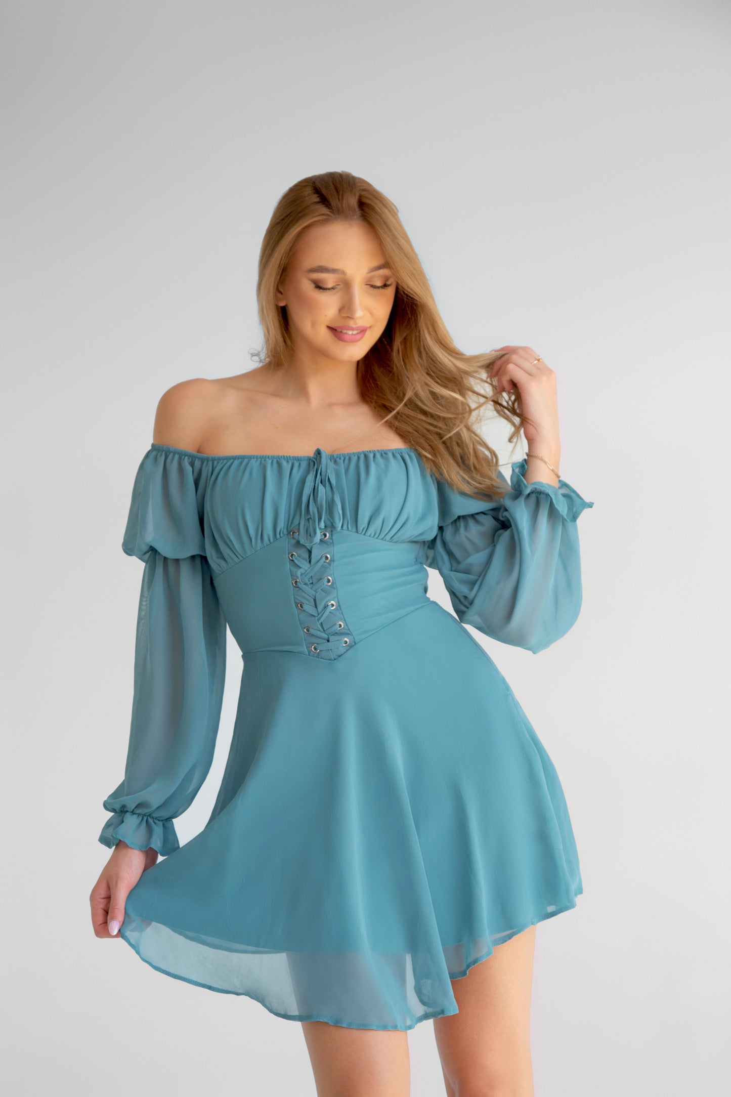 CYAN EYEBROW CHIFFON DRESS