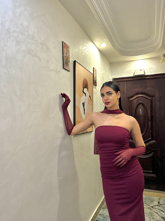 Burgundy SCUBA CREP FABRIC DRESS WITH MESH GLOVE