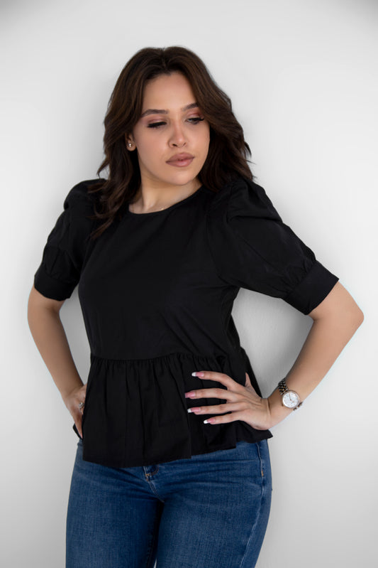 Black Ruffled Balloon Sleeve Blouse