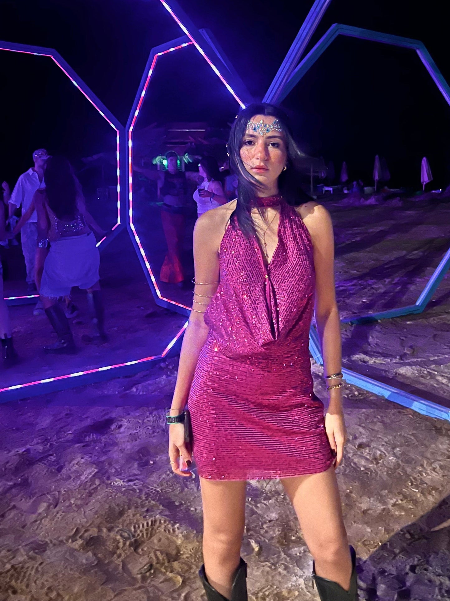 Fuchsia Sequin Detail Mini Dress