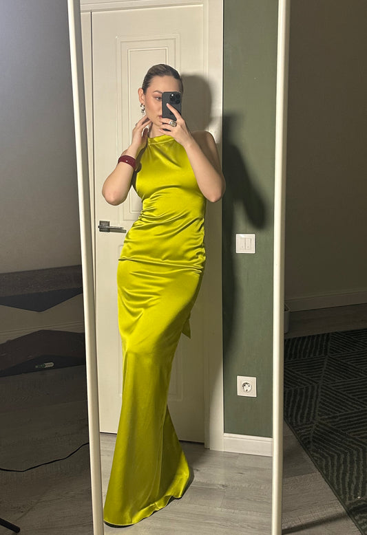 Green Basic Long Dress satin