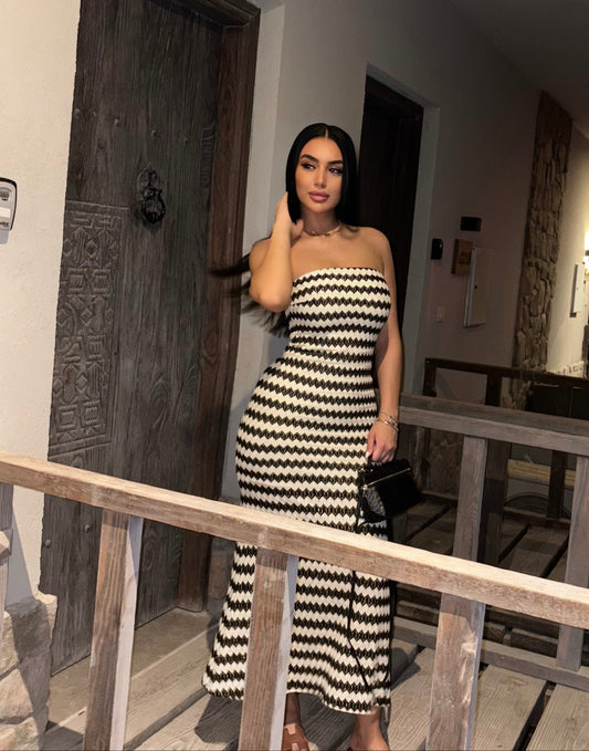 Striped Patterned Strapless Elegant Dress